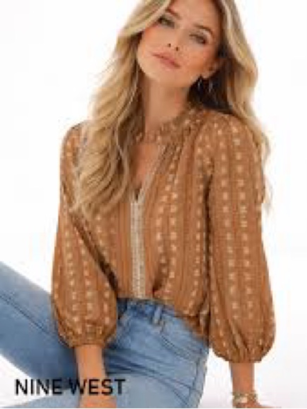 Nine West Rust-Brown Printed Balloon-Sleeve Blouse - Picture 2 of 7